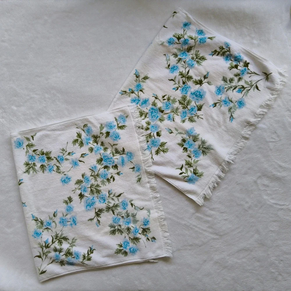 7 Vtg Martex Terri-Down Towel Set West Point Pepperell Blue Floral Fringe MCM